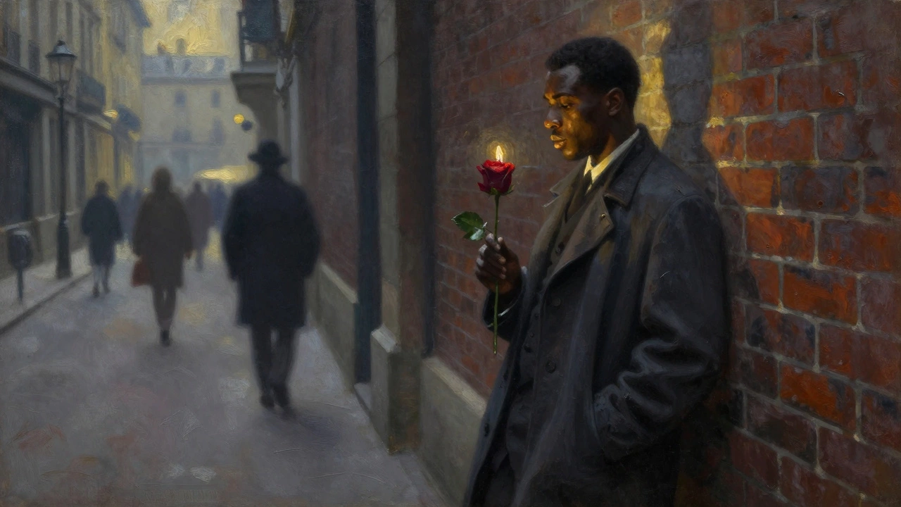 A Black man in 1950s Paris holds a rose against a shadowy alley, lit by faint candlelight.