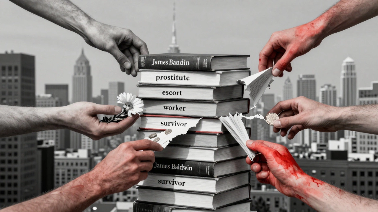 A body made of books labeled with euphemisms for sex work, hands reaching to tear at the pages.