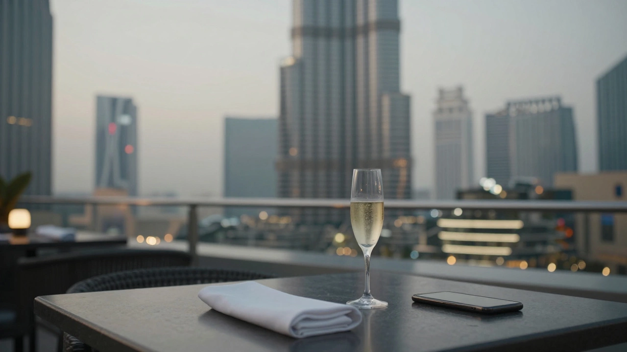 An empty rooftop bar in Dubai with a forgotten glass and city lights in the background.